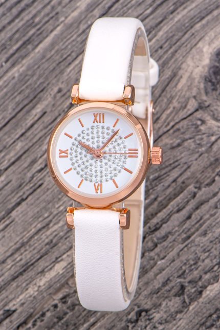 Rose Retro Minimal Beyaz Deri Kordon Vintage Taşlı Kadın Kol Saati Yeni Moda